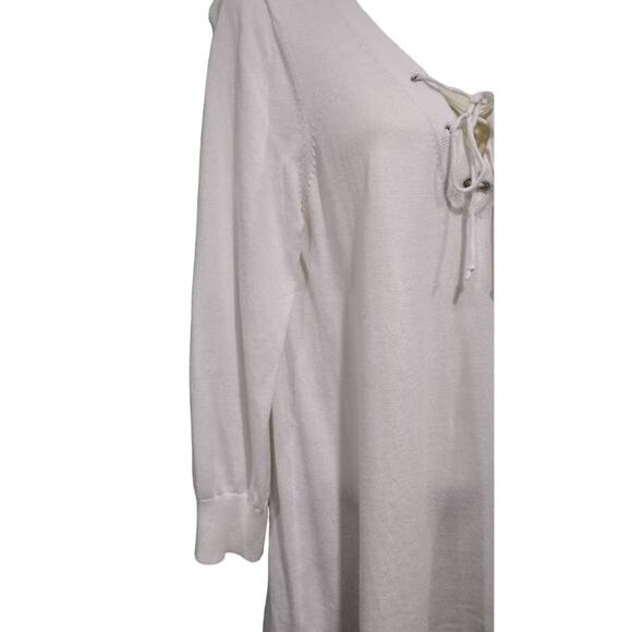 Repeat Lace Up Neck Long Sweater with 3/4 Sleeves, Cream, Size XS - Picture 2 of 7